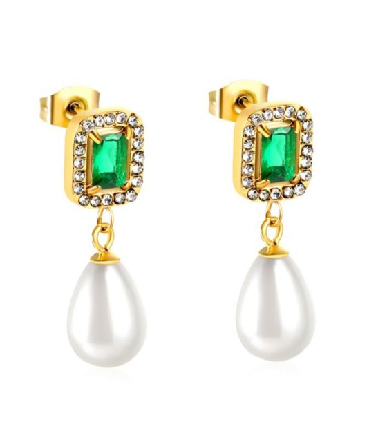 Aretes perla con zirconia verde